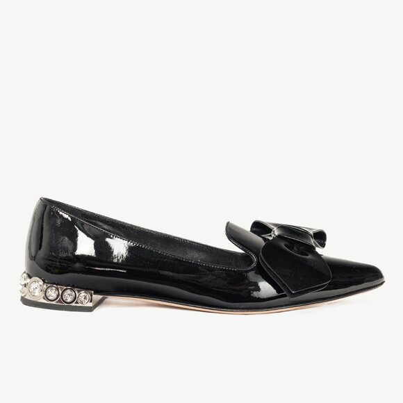 Miu Miu Black Patent Jewel-Heel Bow Pointed-Toe Flats - Picture 2 of 11